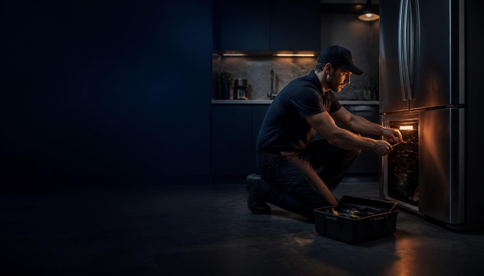Appliance repair technician servicing a refrigerator in a Woodbridge home